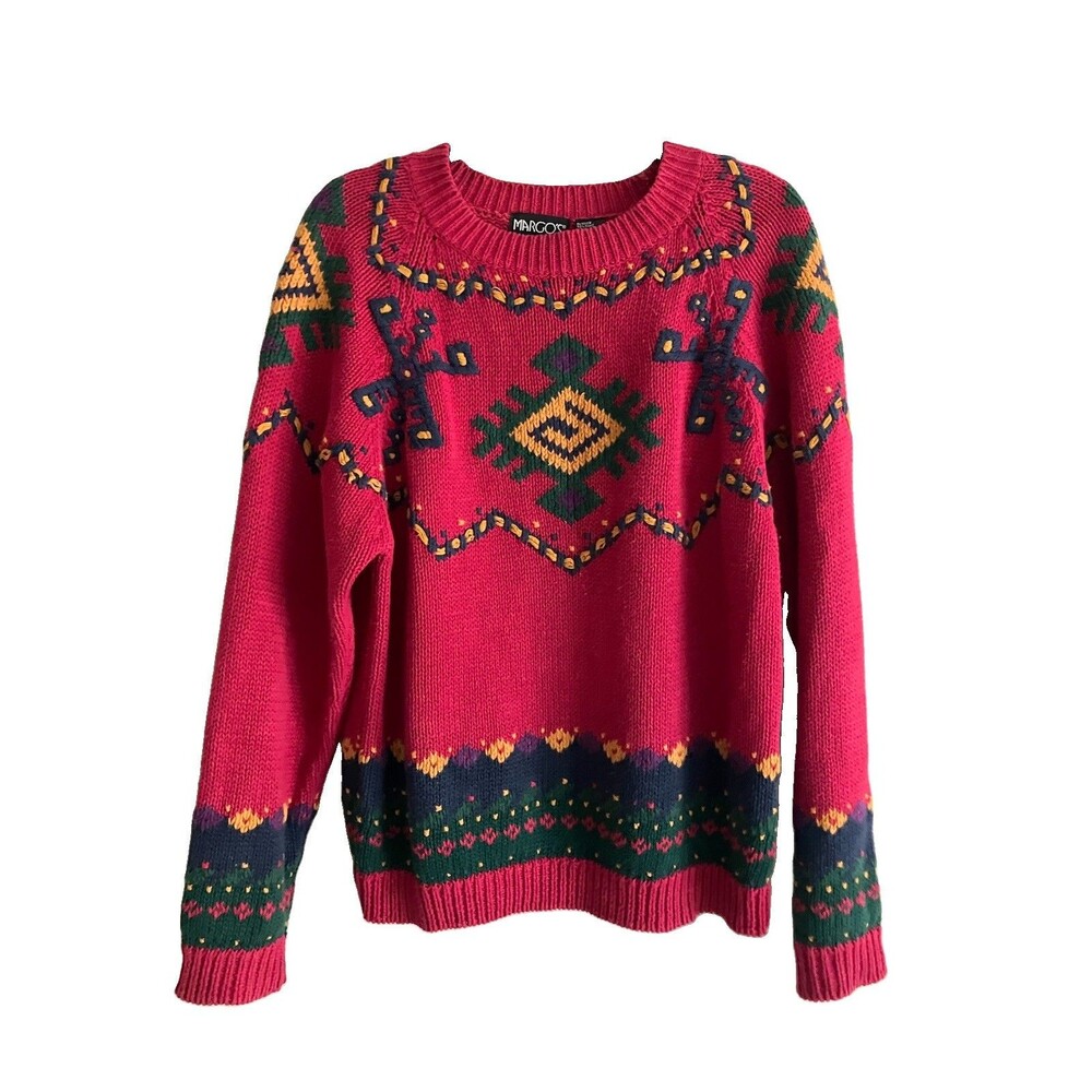 Vintage Aztec Geometric Pattern Sweater Boho Colorful Embroidered Large